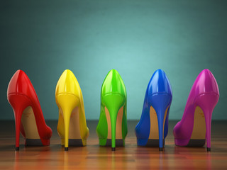 Choice of high heels shoes in different colors. Shopping concept