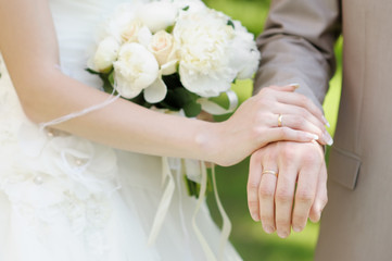Obraz na płótnie Canvas Bride and groom's hands