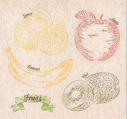 Fruit lemon, apple, banana, kiwi country