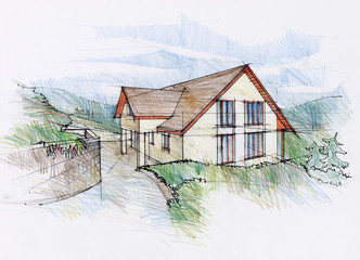 Illustraton of a house concept in mountains region.