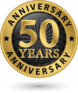 50 years anniversary gold label, vector illustration