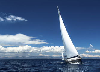 Fototapeta na wymiar Sailing in the wind through the waves.