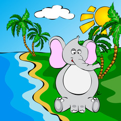 Funny cartoon elephant near a river