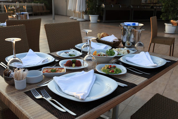 Plates with meze on dining table
