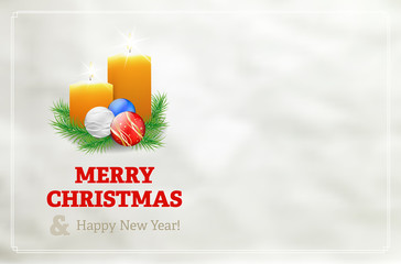 Christmas card with candles, spruce and christmas balls