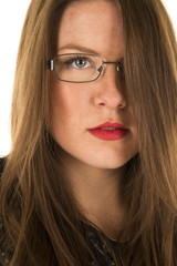 woman black outfit glasses close red lipstick serious