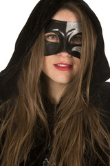 woman mask cloak lipstick close small smile