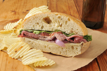 Roast beef sandwich and beer