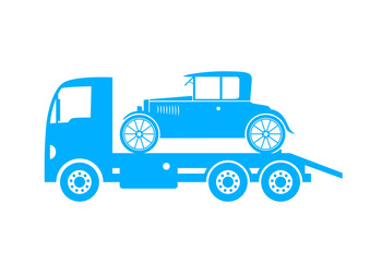 Blue tow truck and car on white background