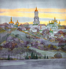 Watercolor cityscape. Monastery on steep bank of the river