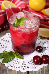 Fresh cold cherry cocktail with mint, ice and lemon