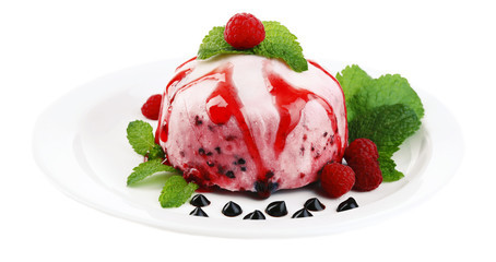 Delicious ice cream with fresh berries and mint leaves