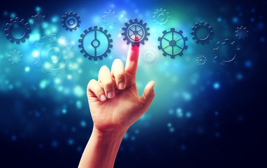 Hand pressing gear icons