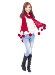 happy young beautiful woman in winter clothes