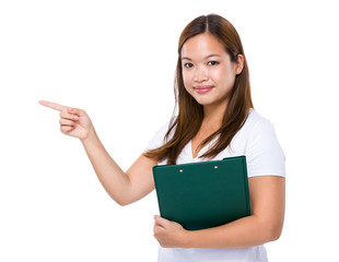 Young woman with clipboard and finger up