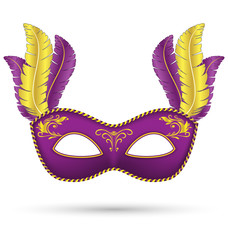 Purple mask with feathers isolated on white background