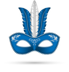 blue mask with feathers isolated on white background
