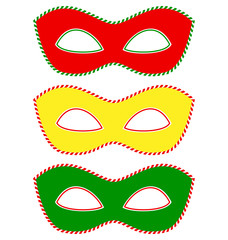Three masks colored like traffic light isolated on white