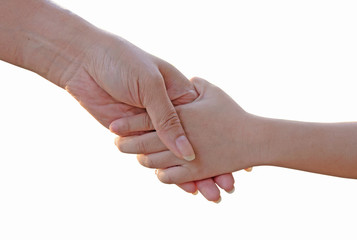Hands of mother and daughter holding isolate on white background