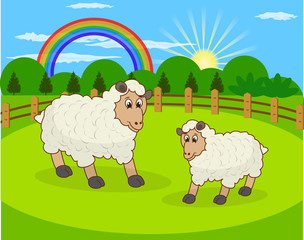 Obraz na płótnie Canvas Cartoon sheep and rural meadow with green grass on the mountain 