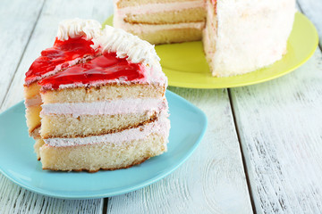 Strawberry cake on table close-up