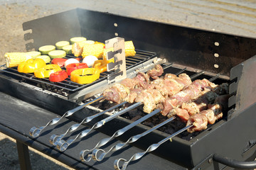 Skewers and vegetableq on barbecue grill, close-up