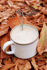 Cup of tasty hot drink on autumn leaves background