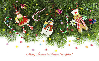 Horizontal card with toys, conifer branches and text