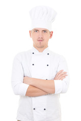 portrait of young handsome man chef isolated over white