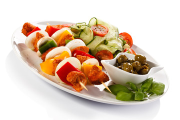 Barbecued meat and vegetables