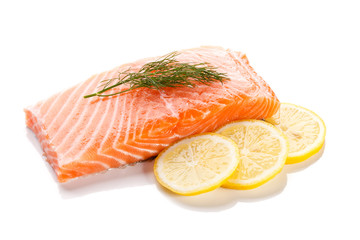 Fresh raw salmon fillet on white background