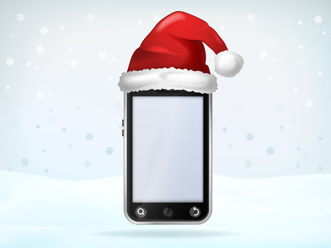 blank cell phone covered with Santa cap