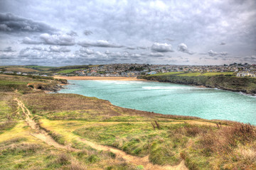 View from Trevelgue Head towards Porth beach Newquay Cornwall
