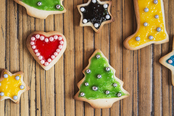 Christmas homemade cookies stars on wooden table