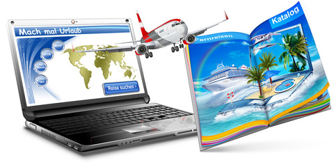 Urlaub online buchen, Reisekatalog, Passagierflugzeug, Laptop, f