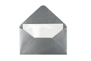 open silver enveloped with blank card on white background