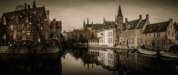 Fototapeta na wymiar View of a decorated quay in Bruges, Belgium