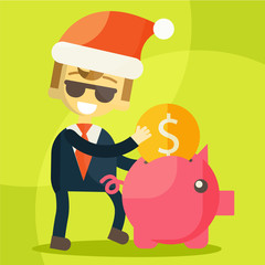 Businessman putting coin into piggy bank, Christmas