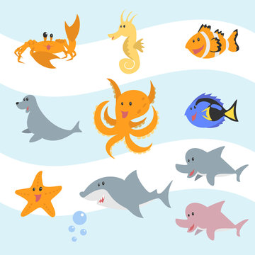 Sea animals vector illustration set collection
