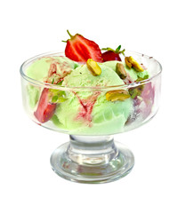 Ice cream strawberry-pistachio in glass goblet
