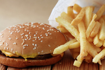 cheeseburger and fries, breakfast