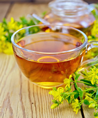 Tea from tutsan in glass cup and teapot on board