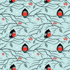 Seamless background with bullfinches sitting on branch of rowan.