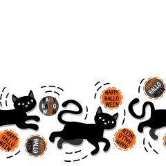 Happy Halloween czarne koty na białym tle nieskończony poziomy border - obrazy, fototapety, plakaty