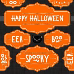 retro ramki z napisami po angielsku Halloween sezon jesień wektorowy zestaw grafik z czarnym kotem na ciemnym tle