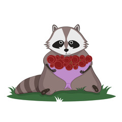 Raccoon and bouquet of roses