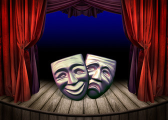Theater stage with red curtains and masks