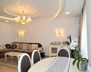 Drawing room interior in light tones, modern classics