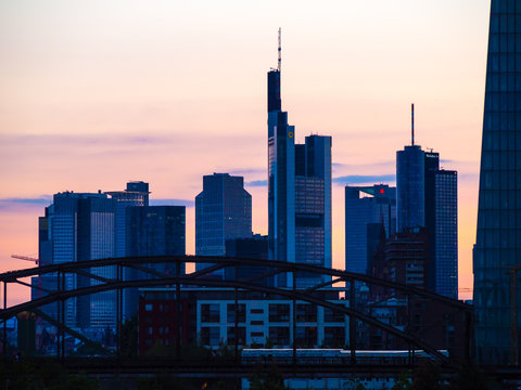 Skyline of Frankfurt, Germany, at sunset