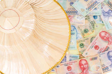 Vietnamese money, dong with asian style hat